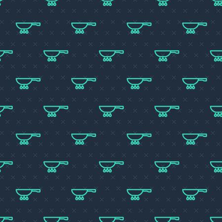 Green line Frying pan on fire icon isolated seamless pattern on blue background. Fry or roast food symbol. Vectorのイラスト素材