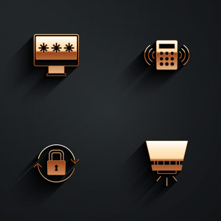 Set Monitor with password, Security keypad access panel, Lock and Fire sprinkler system icon with long shadow. Vectorのイラスト素材
