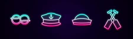 Set line Nautical rope knots, Captain hat, Sailor and Crossed oars paddles boat. Glowing neon icon. Vectorのイラスト素材