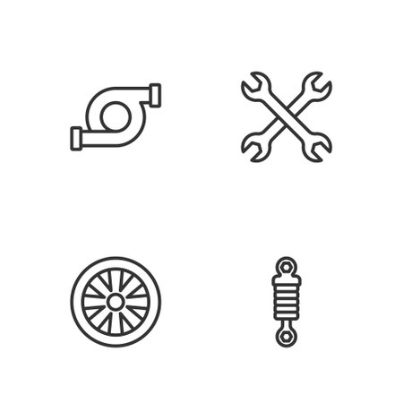 Set line Shock absorber, Alloy wheel for car, Automotive turbocharger and Wrench spanner icon. Vectorのイラスト素材