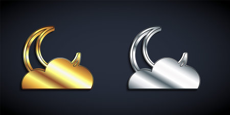 Gold and silver Moon and stars icon isolated on black background. Cloudy night sign. Sleep dreams symbol. Full moon. Night or bed time sign. Long shadow style. Vectorのイラスト素材