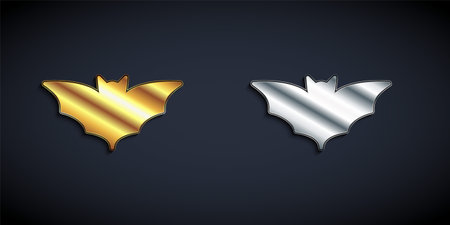 Gold and silver Flying bat icon isolated on black background. Happy Halloween party. Long shadow style. Vectorのイラスト素材