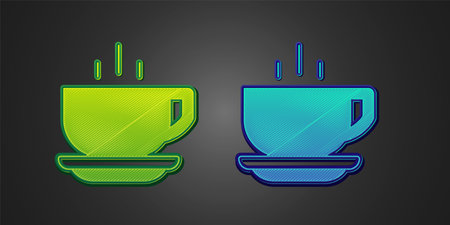 Green and blue Coffee cup icon isolated on black background. Tea cup. Hot drink coffee. Vectorのイラスト素材