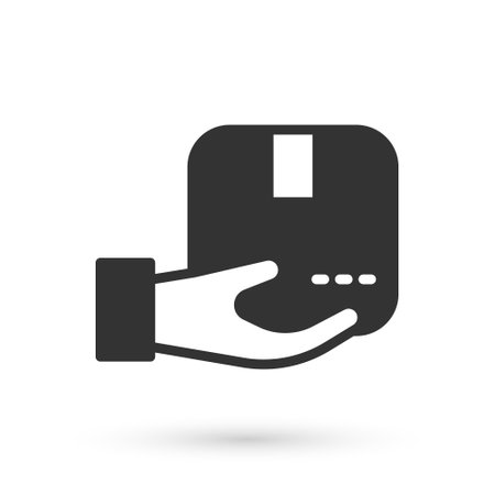 Grey Delivery hand with cardboard boxes icon isolated on white background. Door to door delivery by courier. Vectorのイラスト素材
