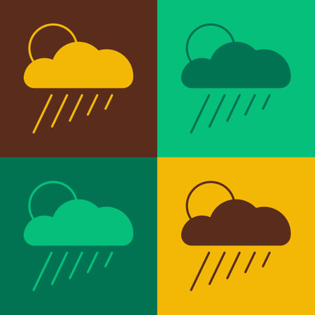 Pop art Cloud with rain and sun icon isolated on color background. Rain cloud precipitation with rain drops. Vectorのイラスト素材