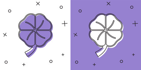Set Four leaf clover icon isolated on white and purple background. Happy Saint Patricks day. National Irish holiday. Vectorのイラスト素材