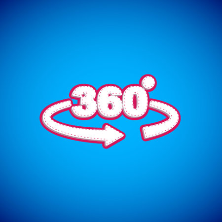 White 360 degree view icon isolated on blue background. Virtual reality. Angle 360 degree camera. Panorama photo. Vectorのイラスト素材