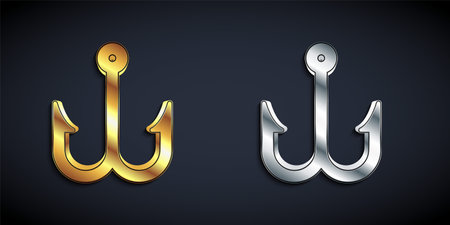 Gold and silver Fishing hook icon isolated on black background. Fishing tackle. Long shadow style. Vectorのイラスト素材