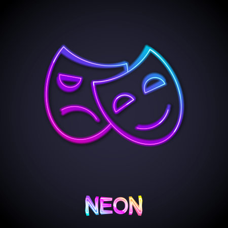 Glowing neon line Comedy and tragedy theatrical masks icon isolated on black background. Vectorのイラスト素材