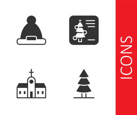 Set Christmas tree, Santa Claus hat, Church building and postcard icon. Vectorのイラスト素材