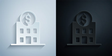 Paper cut Bank building icon isolated on grey and black background. Paper art style. Vectorのイラスト素材