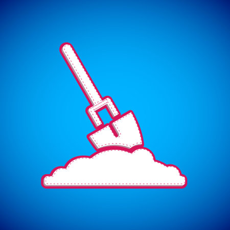 White Shovel in the ground icon isolated on blue background. Gardening tool. Tool for horticulture, agriculture, farming. Vectorのイラスト素材