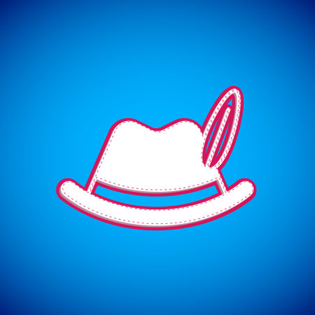 White Oktoberfest hat icon isolated on blue background. Hunter hat with feather. German hat. Vectorのイラスト素材