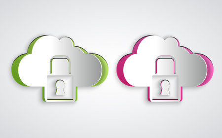 Paper cut Cloud computing lock icon isolated on grey background. Security, safety, protection concept. Protection of personal data. Paper art style. Vectorのイラスト素材