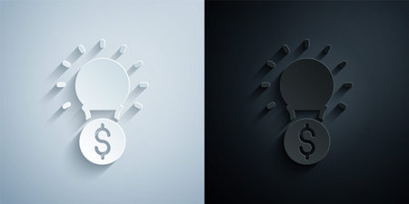Paper cut Light bulb with dollar symbol icon isolated on grey and black background. Money making ideas. Fintech innovation concept. Paper art style. Vectorのイラスト素材