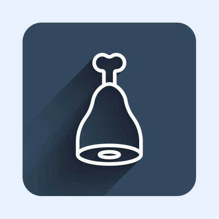 White line Chicken leg icon isolated with long shadow background. Chicken drumstick. Blue square button. Vectorのイラスト素材