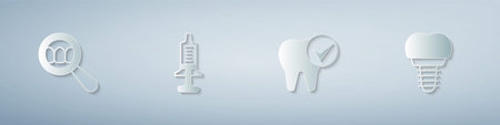 Set Dental search, Syringe, Tooth and implant. Paper art style. Vectorのイラスト素材