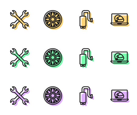 Set line Car muffler, Wrench spanner, Alloy wheel for car and Racing helmet icon. Vectorのイラスト素材