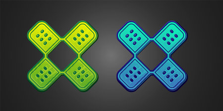 Green and blue Crossed bandage plaster icon isolated on black background. Medical plaster, adhesive bandage, flexible fabric bandage. Vectorのイラスト素材