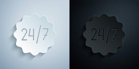 Paper cut Clock 24 hours icon isolated on grey and black background. All day cyclic icon. 24 hours...