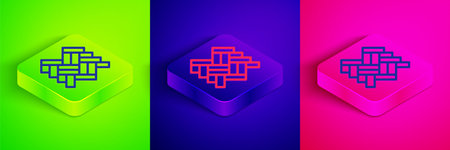 Isometric line Parquet icon isolated on green, blue and pink background. Square button. Vectorのイラスト素材