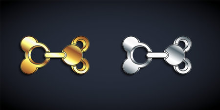 Gold and silver Molecule icon isolated on black background. Structure of molecules in chemistry, science teachers innovative educational poster. Long shadow style. Vectorのイラスト素材