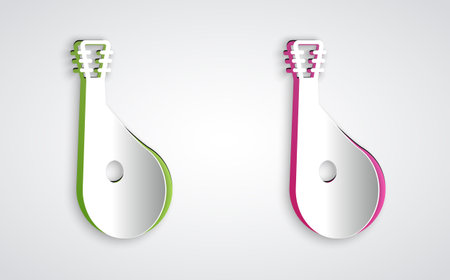 Paper cut Ukrainian traditional musical instrument bandura icon isolated on grey background. Paper art style. Vectorのイラスト素材