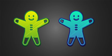 Green and blue Holiday gingerbread man cookie icon isolated on black background. Cookie in shape of man with icing. Vectorのイラスト素材