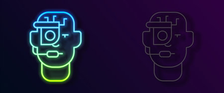 Glowing neon line Smart glasses mounted on spectacles icon isolated on black background. Wearable electronics smart glasses with camera and display. Vectorのイラスト素材