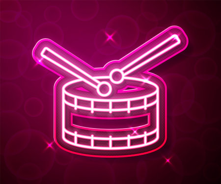 Glowing neon line Drum with drum sticks icon isolated on red background. Music sign. Musical instrument symbol. Vectorのイラスト素材