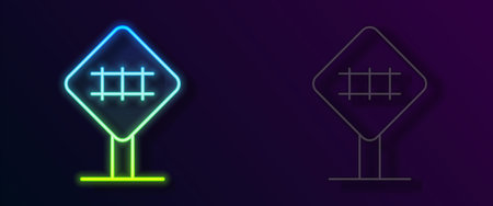 Glowing neon line Railroad crossing icon isolated on black background. Railway sign. Vectorのイラスト素材