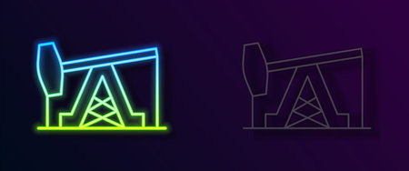 Glowing neon line Oil pump or pump jack icon isolated on black background. Oil rig. Vectorのイラスト素材