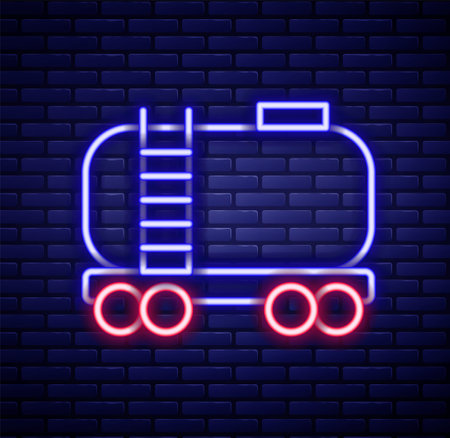 Glowing neon line Oil railway cistern icon isolated on brick wall background. Train oil tank on railway car. Rail freight. Oil industry. Colorful outline concept. Vectorのイラスト素材