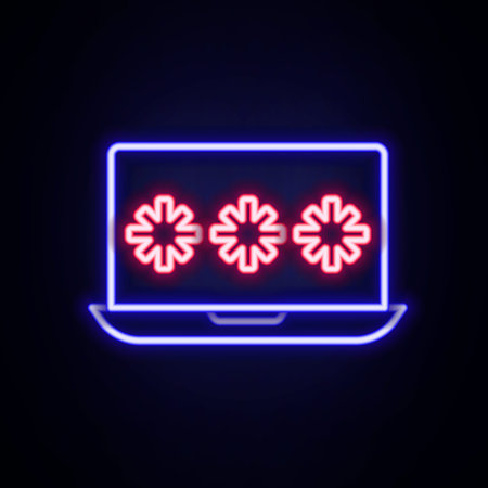 Glowing neon line Laptop with password notification icon isolated on brick wall background. Security, personal access, user authorization, login form. Colorful outline concept. Vectorのイラスト素材
