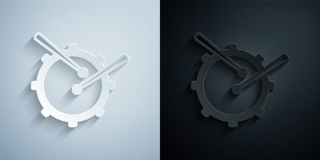 Paper cut Drum with drum sticks icon isolated on grey and black background. Music sign. Musical instrument symbol. Paper art style. Vectorのイラスト素材