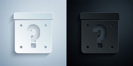 Paper cut Mystery box or random loot box for games icon isolated on grey and black background. Question mark. Unknown surprise box. Paper art style. Vectorのイラスト素材
