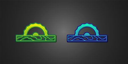 Green and blue Electric circular saw with steel toothed disc icon isolated on black background. Electric hand tool for cutting wood or metal. Vectorのイラスト素材