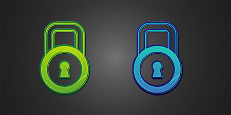 Green and blue Lock icon isolated on black background. Padlock sign. Security, safety, protection, privacy concept. Vectorのイラスト素材
