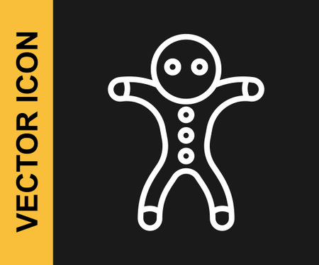 White line Holiday gingerbread man cookie icon isolated on black background. Cookie in shape of man with icing. Vectorのイラスト素材