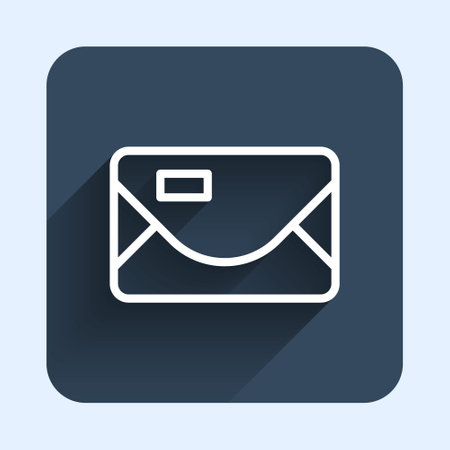 White line Envelope with christmas party invitation card icon isolated with long shadow background. Merry Christmas and Happy New Year. Blue square button. Vectorのイラスト素材