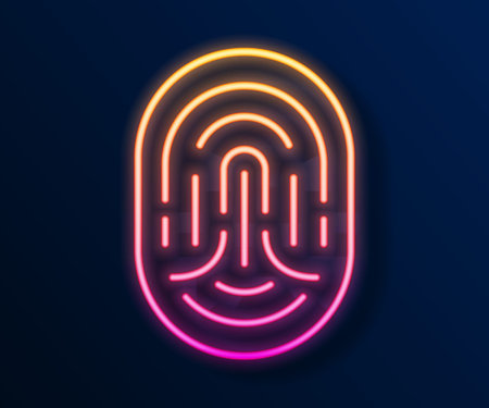 Glowing neon line Fingerprint icon isolated on black background. ID app icon. Identification sign. Touch id. Vectorのイラスト素材