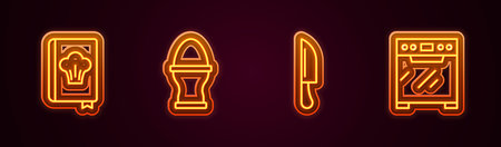 Set line Cookbook, Chicken egg on a stand, Knife and Oven. Glowing neon icon. Vectorのイラスト素材