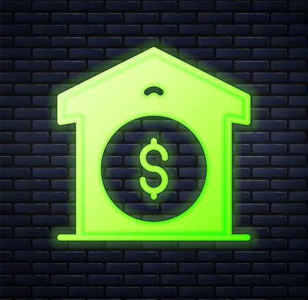 Glowing neon Warehouse price icon isolated on brick wall background. Vectorのイラスト素材