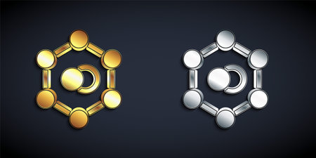 Gold and silver Molecule icon isolated on black background. Structure of molecules in chemistry, science teachers innovative educational poster. Long shadow style. Vectorのイラスト素材
