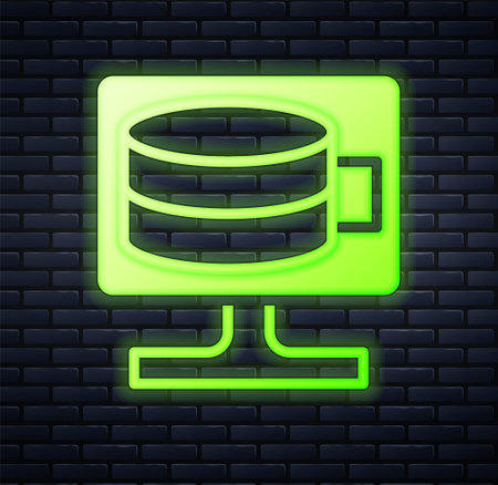 Glowing neon Cloud database icon isolated on brick wall background. Cloud computing concept. Digital service or app with data transferring. Vectorのイラスト素材