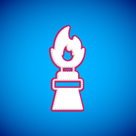 White Oil rig with fire icon isolated on blue background. Fire accident. Gas tower. Industrial object. Vectorのイラスト素材