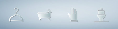 Set Hanger wardrobe, Bathtub, Rubber gloves and Toilet bowl. Paper art style. Vectorのイラスト素材