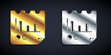 Gold and silver Document with graph chart icon isolated on black background. Report text file icon. Accounting sign. Audit, analysis, planning. Long shadow style. Vectorのイラスト素材