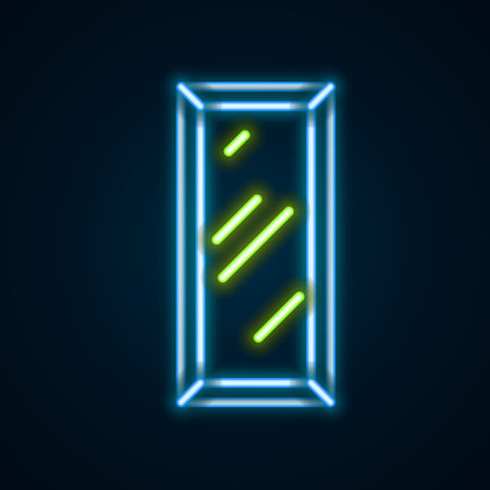 Glowing neon line Big full length mirror for bedroom, shops, backstage icon isolated on black background. Colorful outline concept. Vectorのイラスト素材