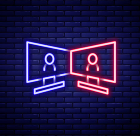 Glowing neon line Video chat conference icon isolated on brick wall background. Online meeting work form home. Remote project management. Colorful outline concept. Vectorのイラスト素材